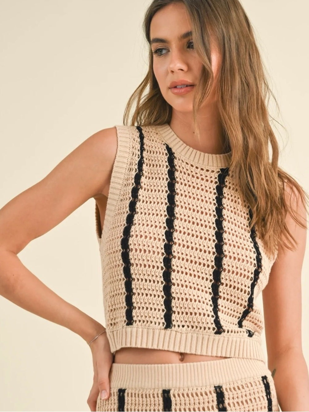 A660. Sleeveless Crochet Stripe Crop Top in Beige and Black