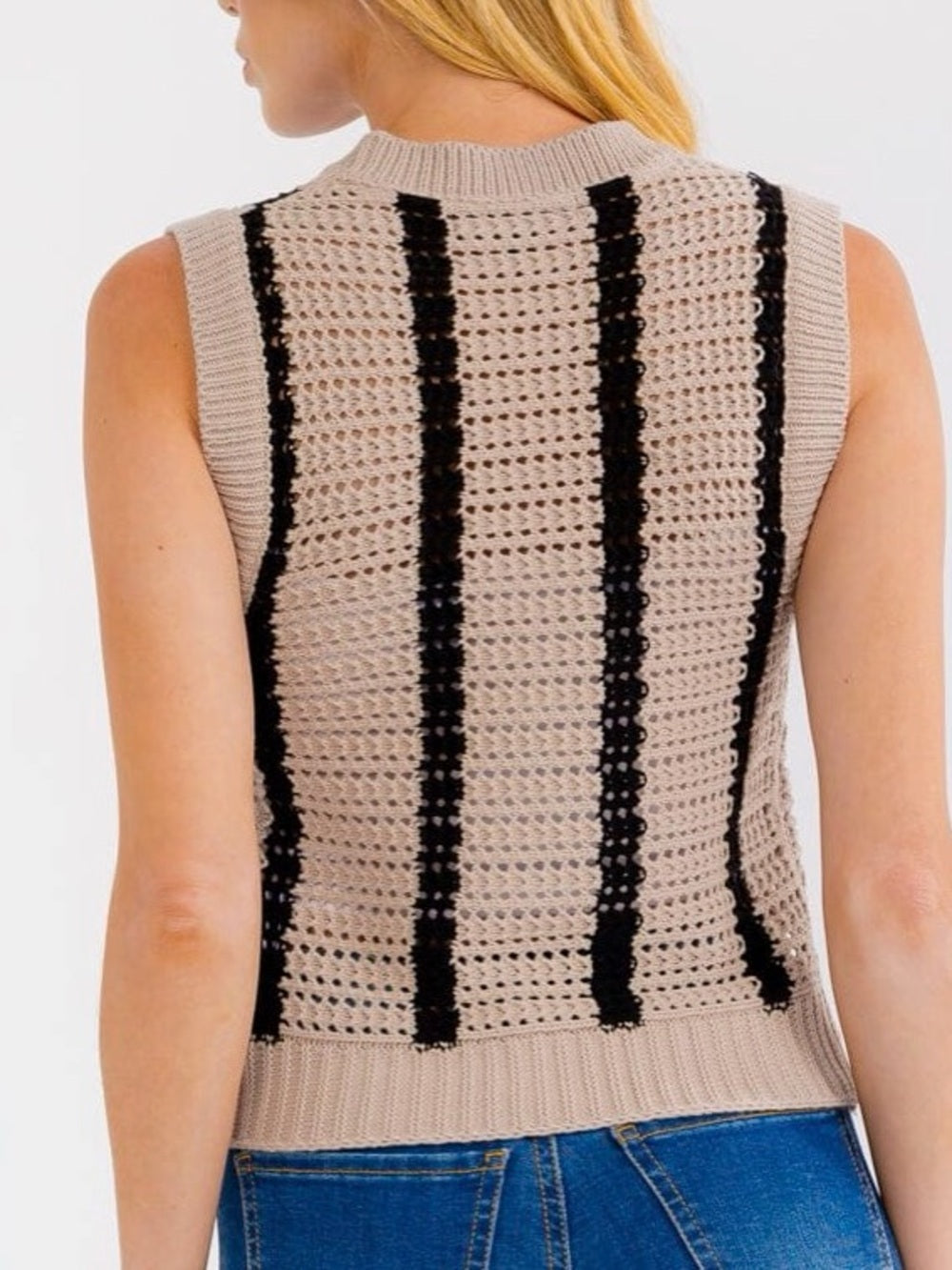 A660. Sleeveless Crochet Stripe Crop Top in Beige and Black