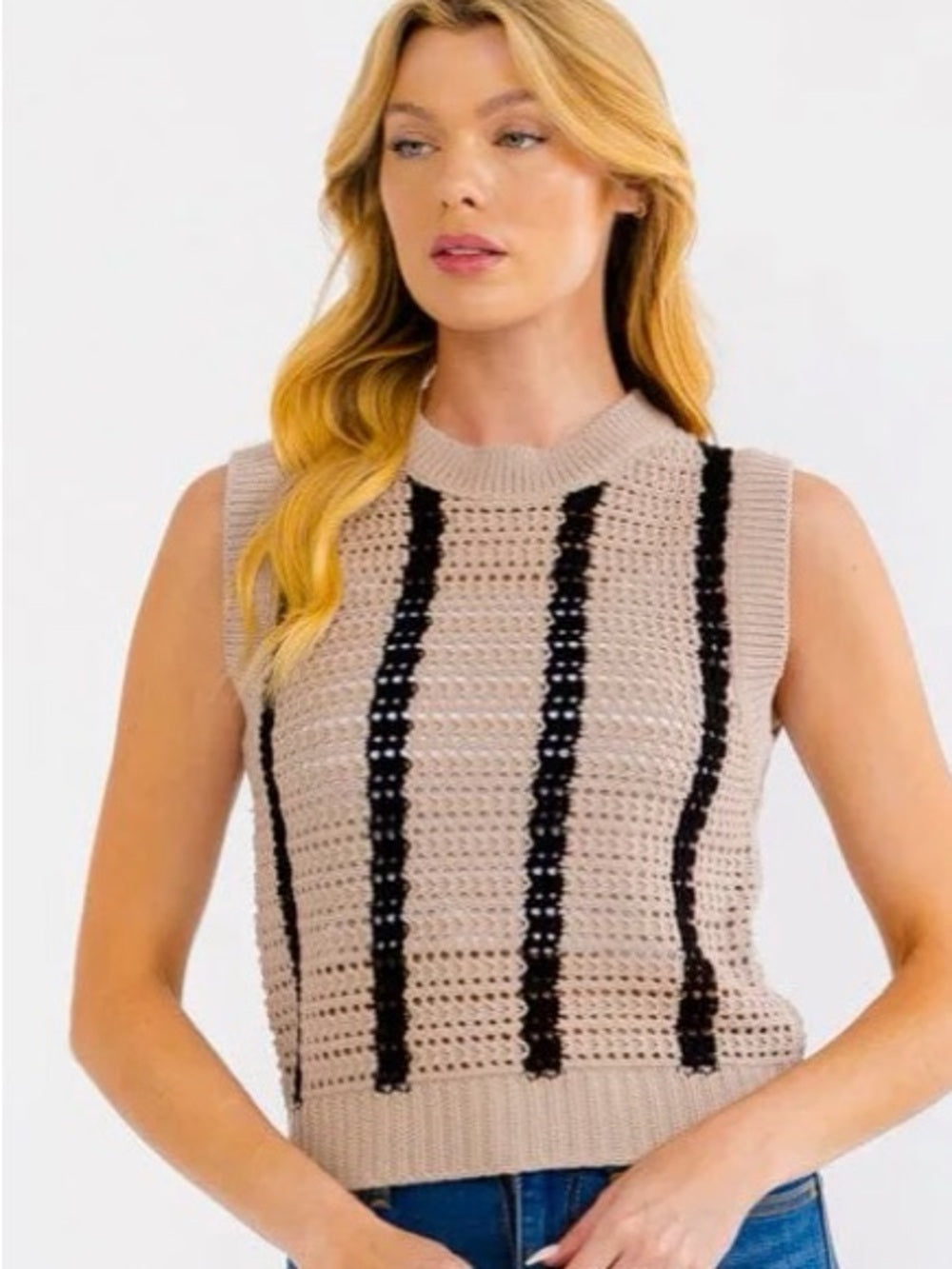 A660. Sleeveless Crochet Stripe Crop Top in Beige and Black