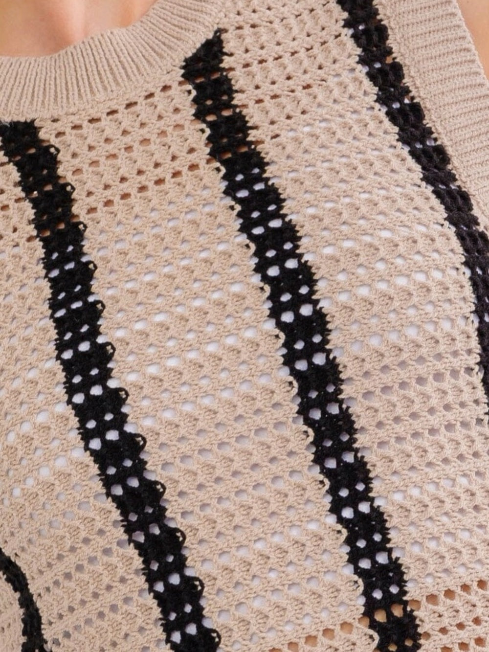 A660. Sleeveless Crochet Stripe Crop Top in Beige and Black