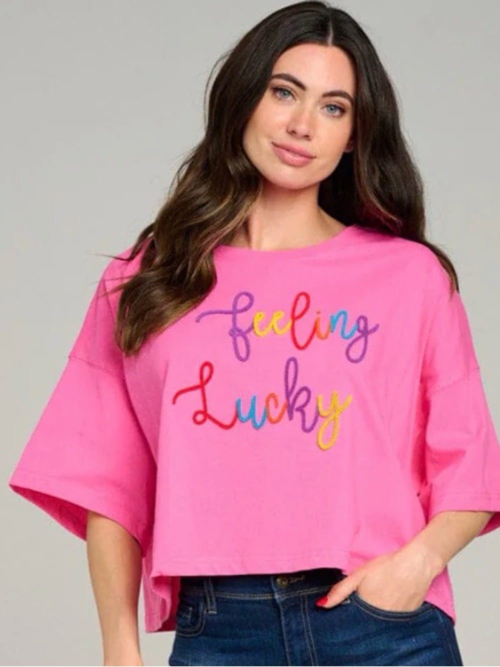 A661. Feeling Lucky Pink Crop Boxy Graphic Tee