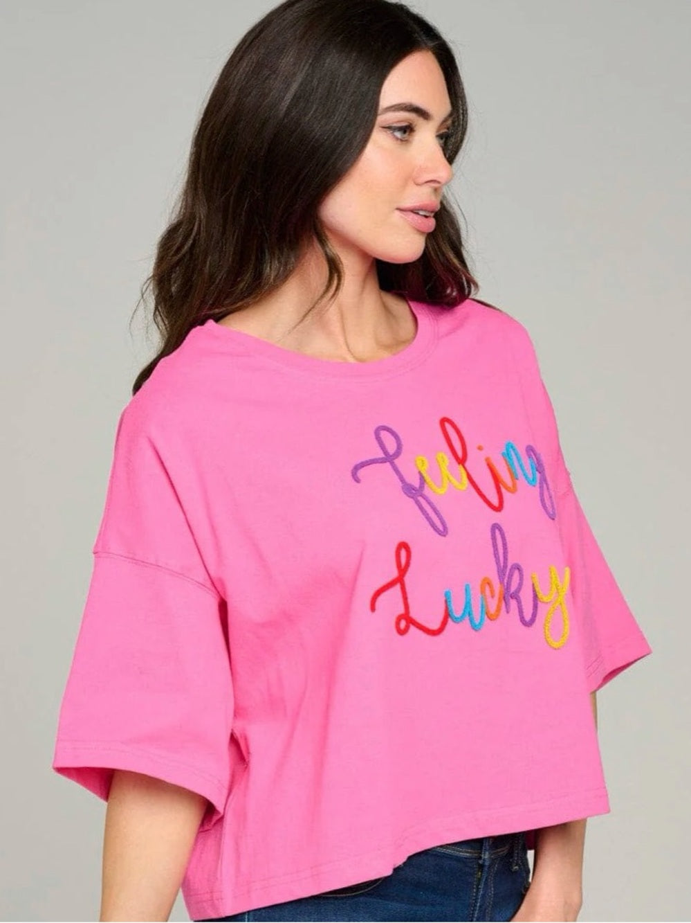 A661. Feeling Lucky Pink Crop Boxy Graphic Tee