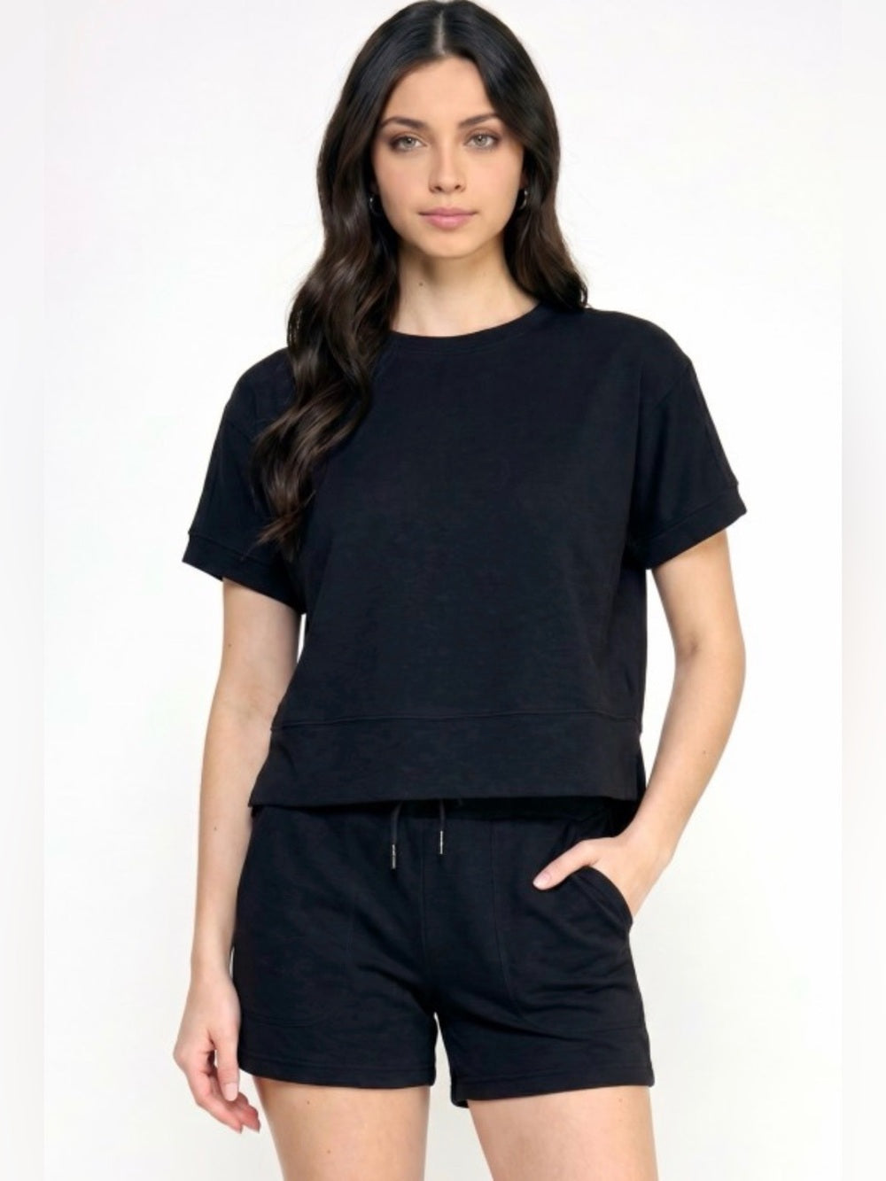 A667. Scuba Black Short Sleeve Crewneck Top & Shorts Set