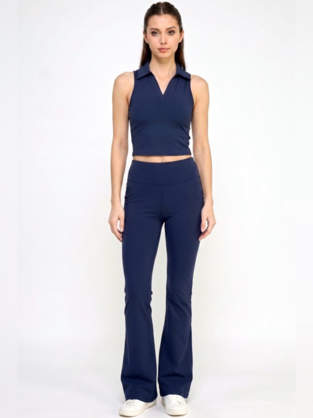 A668. Sleeveless Collared Crop Top with Flare Yoga Pants - Navy