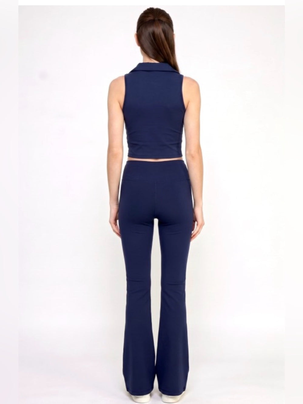 A668. Sleeveless Collared Crop Top with Flare Yoga Pants - Navy
