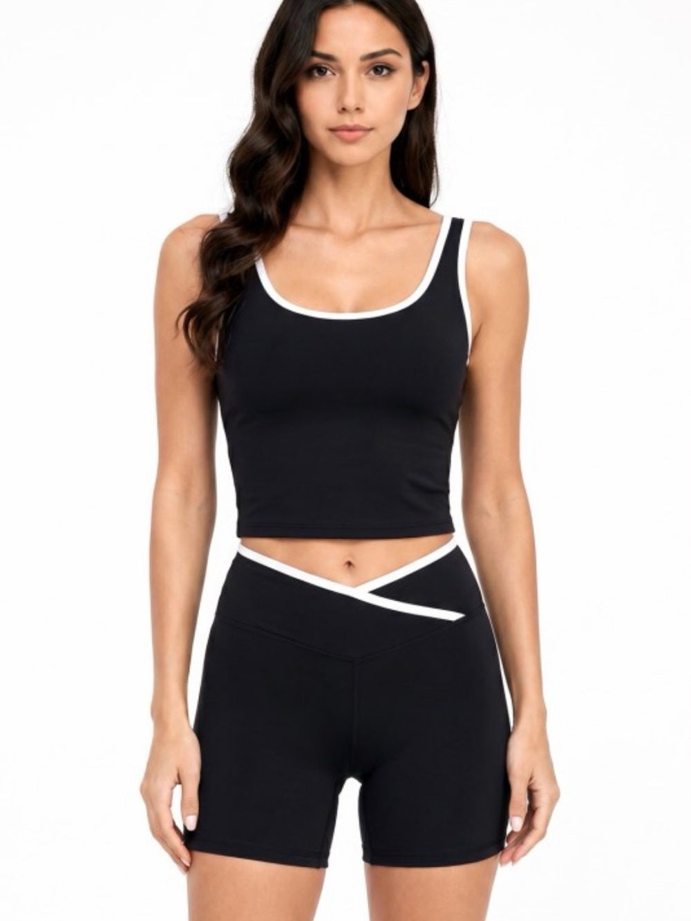 A669. Black & White Contrast Crop Tank and High-Waist Biker Short Set