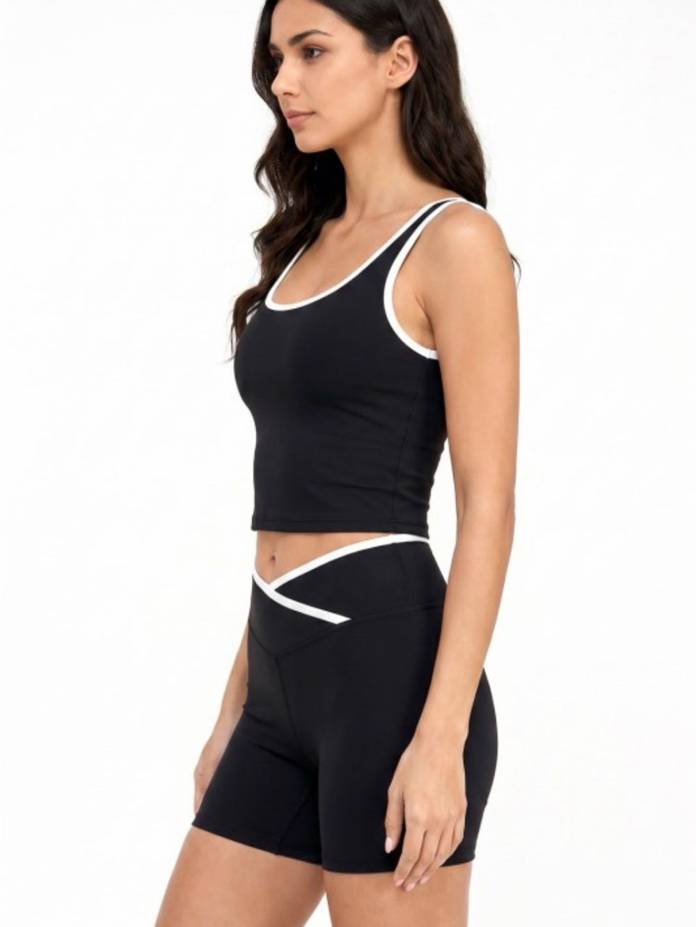 A669. Black & White Contrast Crop Tank and High-Waist Biker Short Set