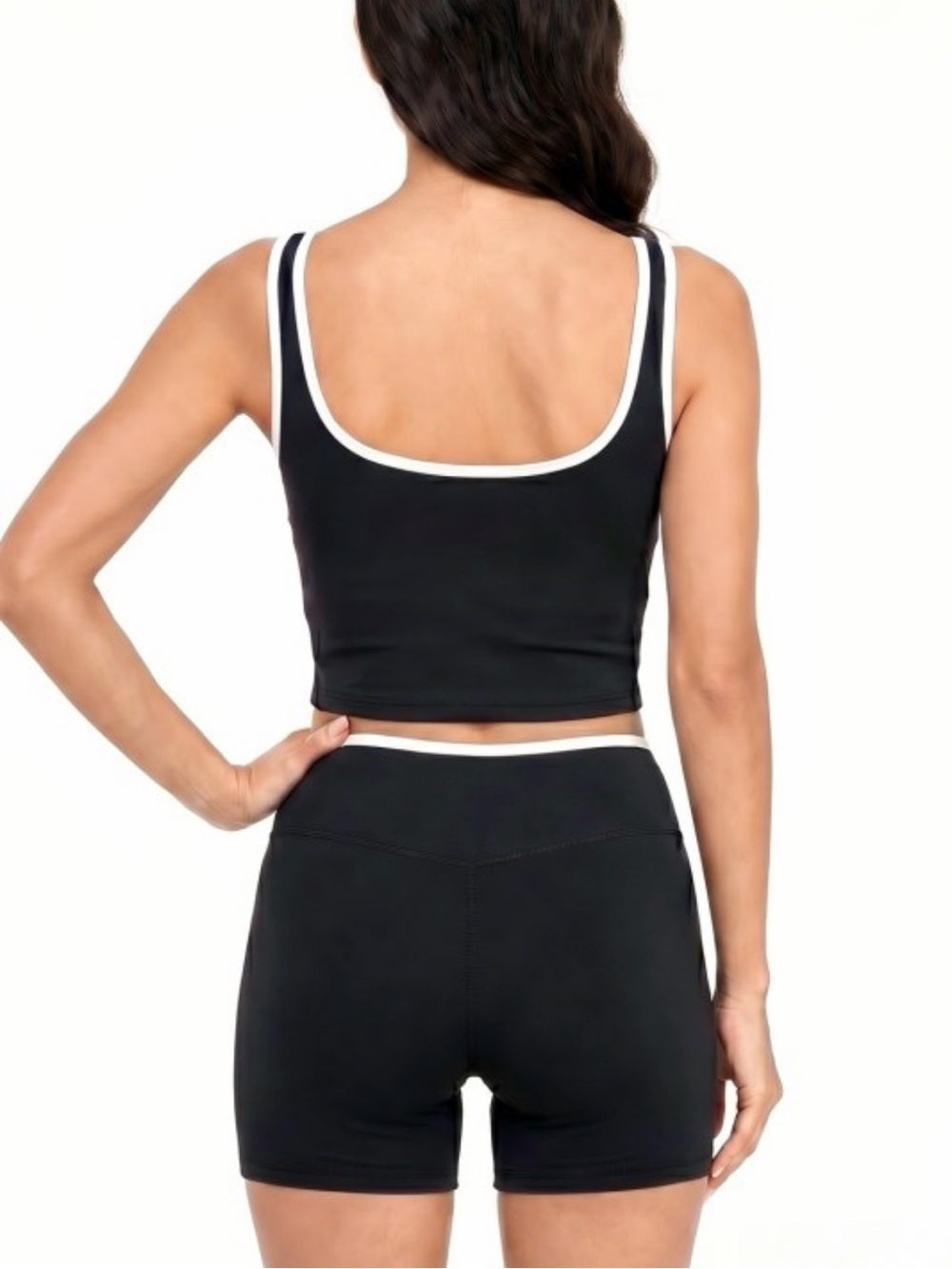 A669. Black & White Contrast Crop Tank and High-Waist Biker Short Set