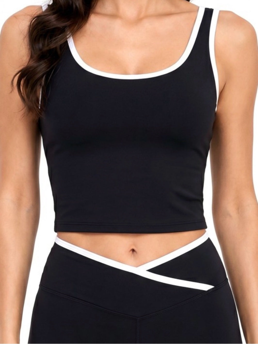 A669. Black & White Contrast Crop Tank and High-Waist Biker Short Set