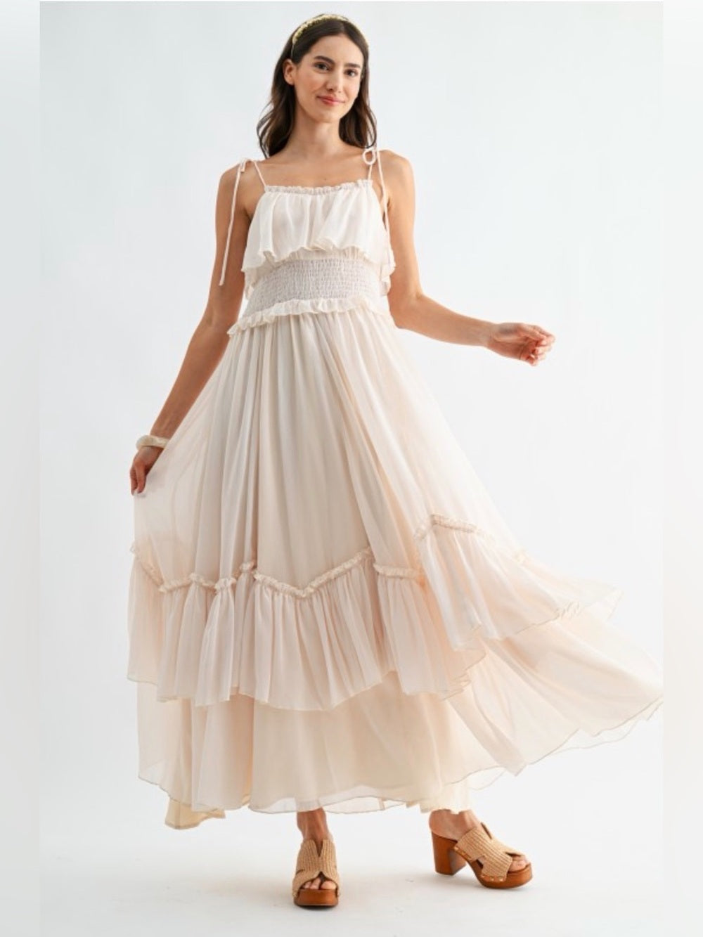 Caldera Cream Ruffle Tiered Maxi Dress with Smocked Waist
