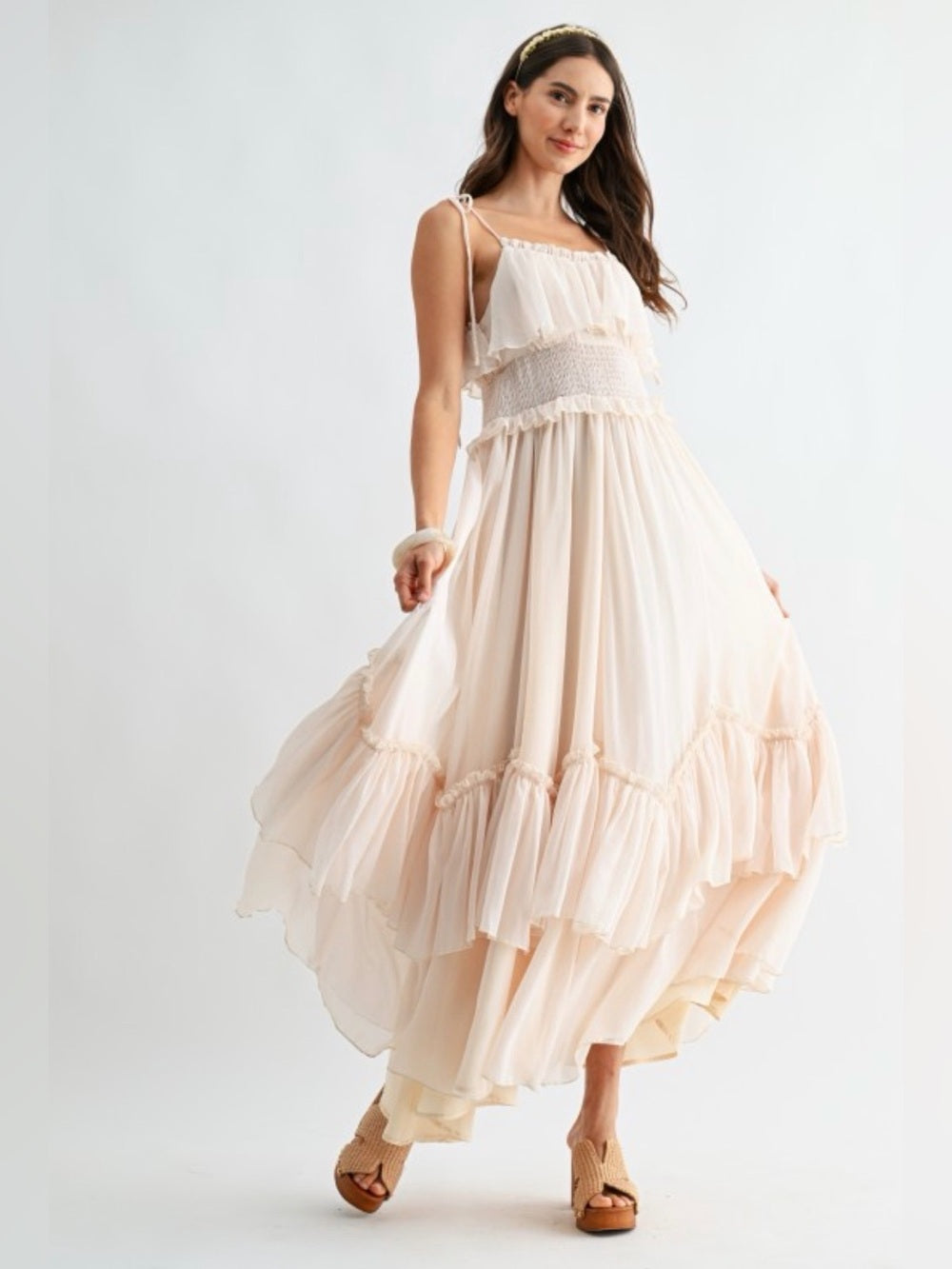 Caldera Cream Ruffle Tiered Maxi Dress with Smocked Waist