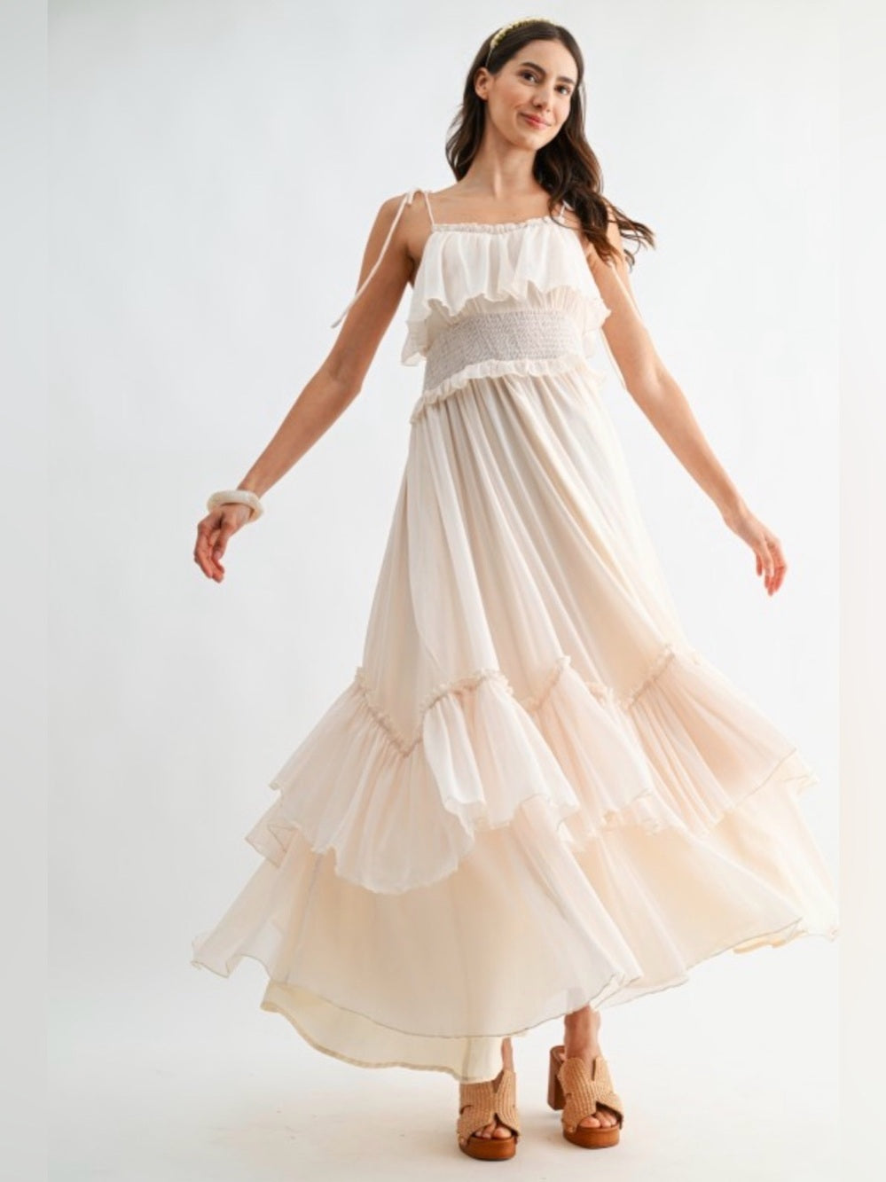Caldera Cream Ruffle Tiered Maxi Dress with Smocked Waist