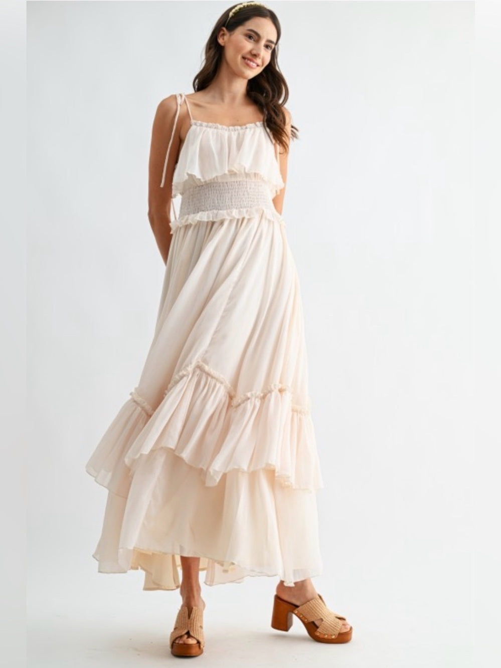 Caldera Cream Ruffle Tiered Maxi Dress with Smocked Waist