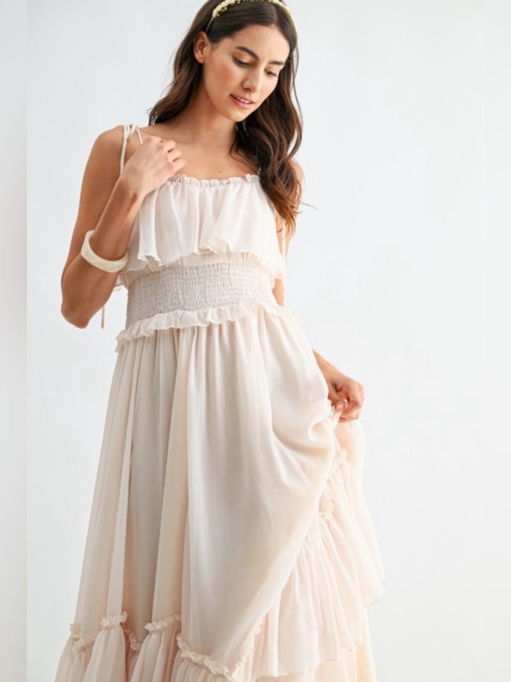 Caldera Cream Ruffle Tiered Maxi Dress with Smocked Waist