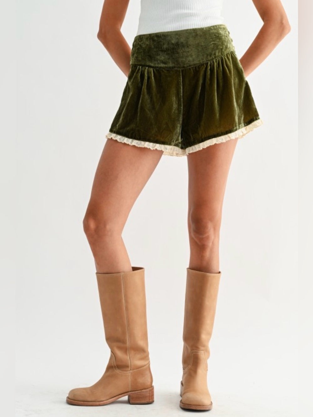 Mykonos Summer Olive Velvet Lace-Trim Women's Shorts