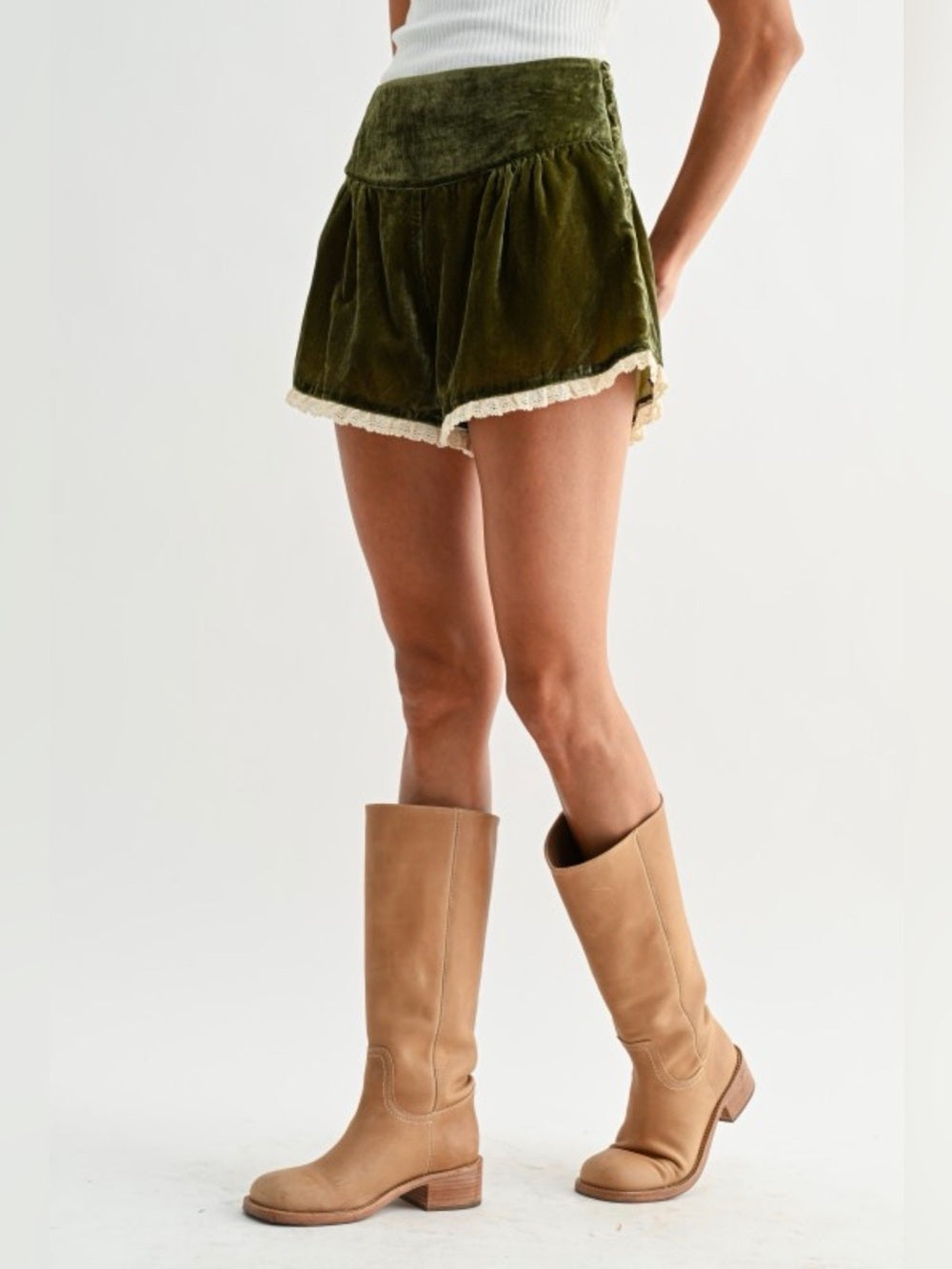 Mykonos Summer Olive Velvet Lace-Trim Women's Shorts