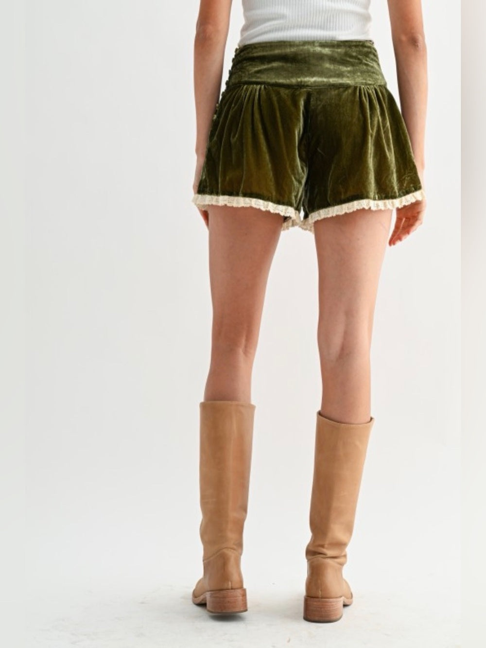 Mykonos Summer Olive Velvet Lace-Trim Women's Shorts