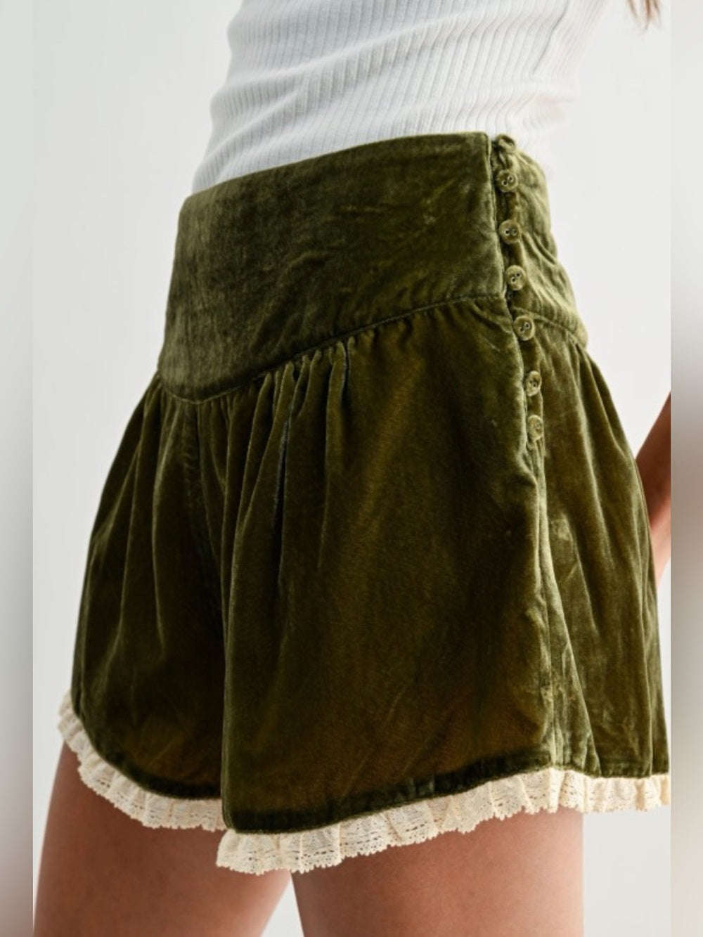 Mykonos Summer Olive Velvet Lace-Trim Women's Shorts