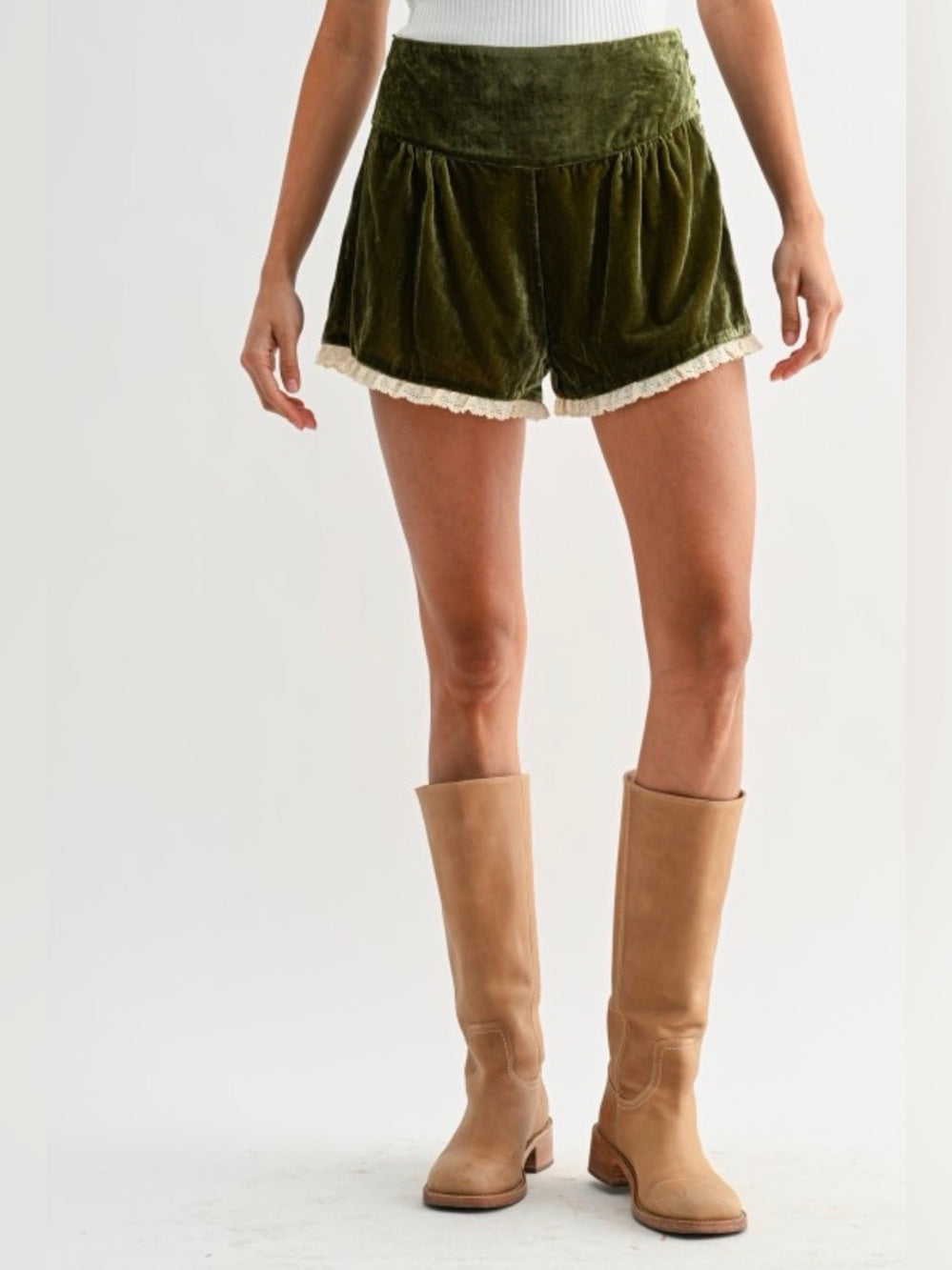 Mykonos Summer Olive Velvet Lace-Trim Women's Shorts