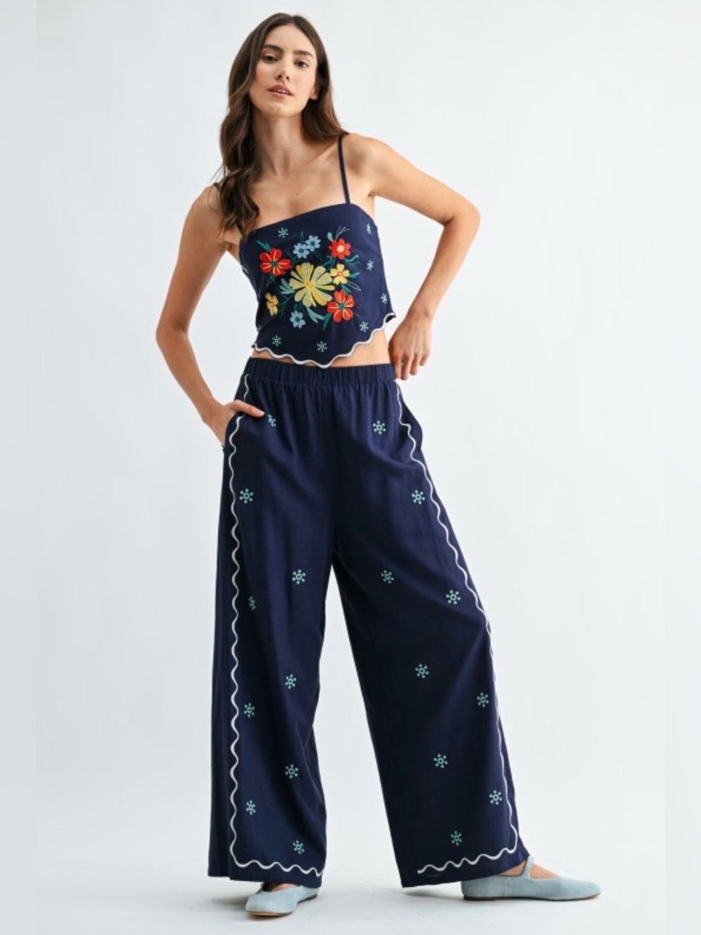 Crete Embroidered Navy Wide-Leg Pants - Floral Accent