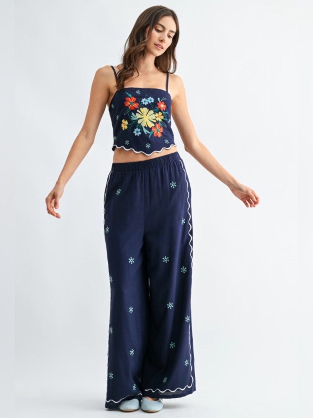 Crete Embroidered Navy Wide-Leg Pants - Floral Accent