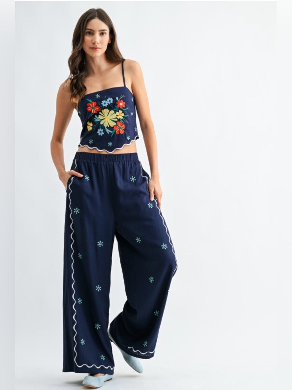 Crete Embroidered Navy Wide-Leg Pants - Floral Accent