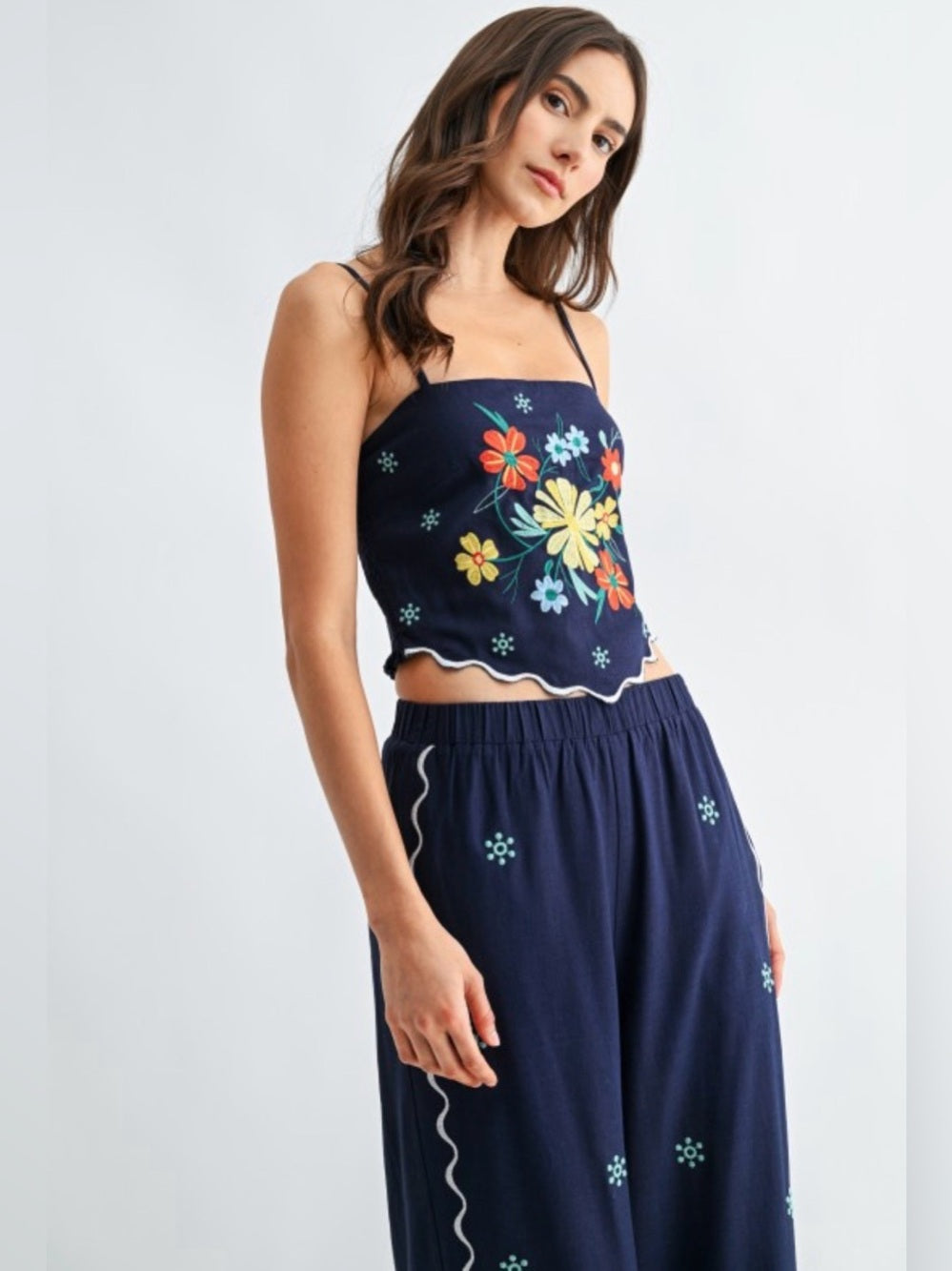 Crete Embroidered Navy Wide-Leg Pants - Floral Accent