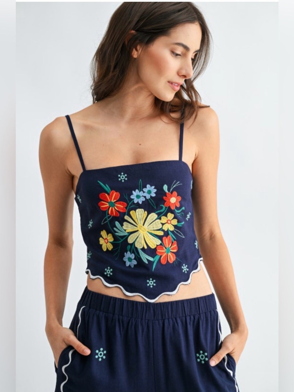 Crete Embroidered Navy Wide-Leg Pants - Floral Accent