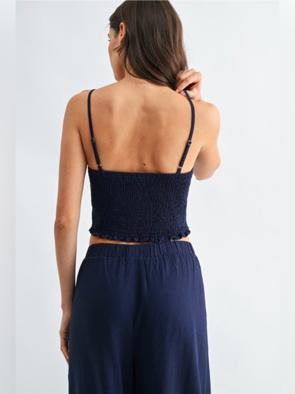 Crete Embroidered Navy Wide-Leg Pants - Floral Accent
