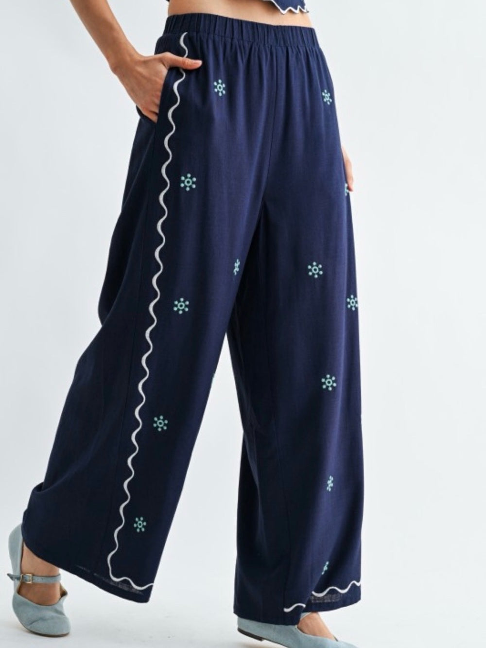 Crete Embroidered Navy Wide-Leg Pants - Floral Accent