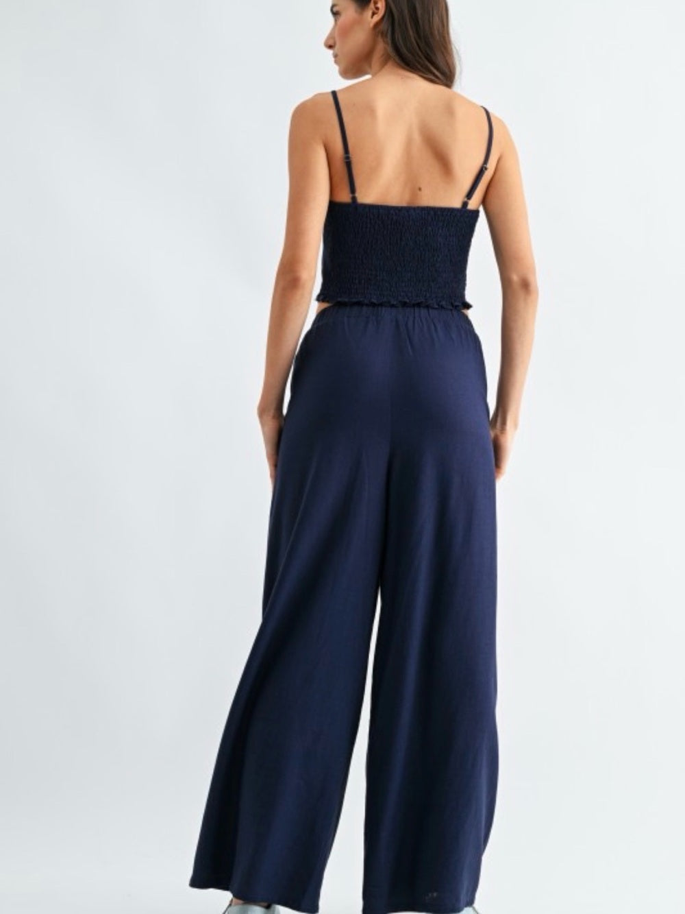 Crete Embroidered Navy Wide-Leg Pants - Floral Accent