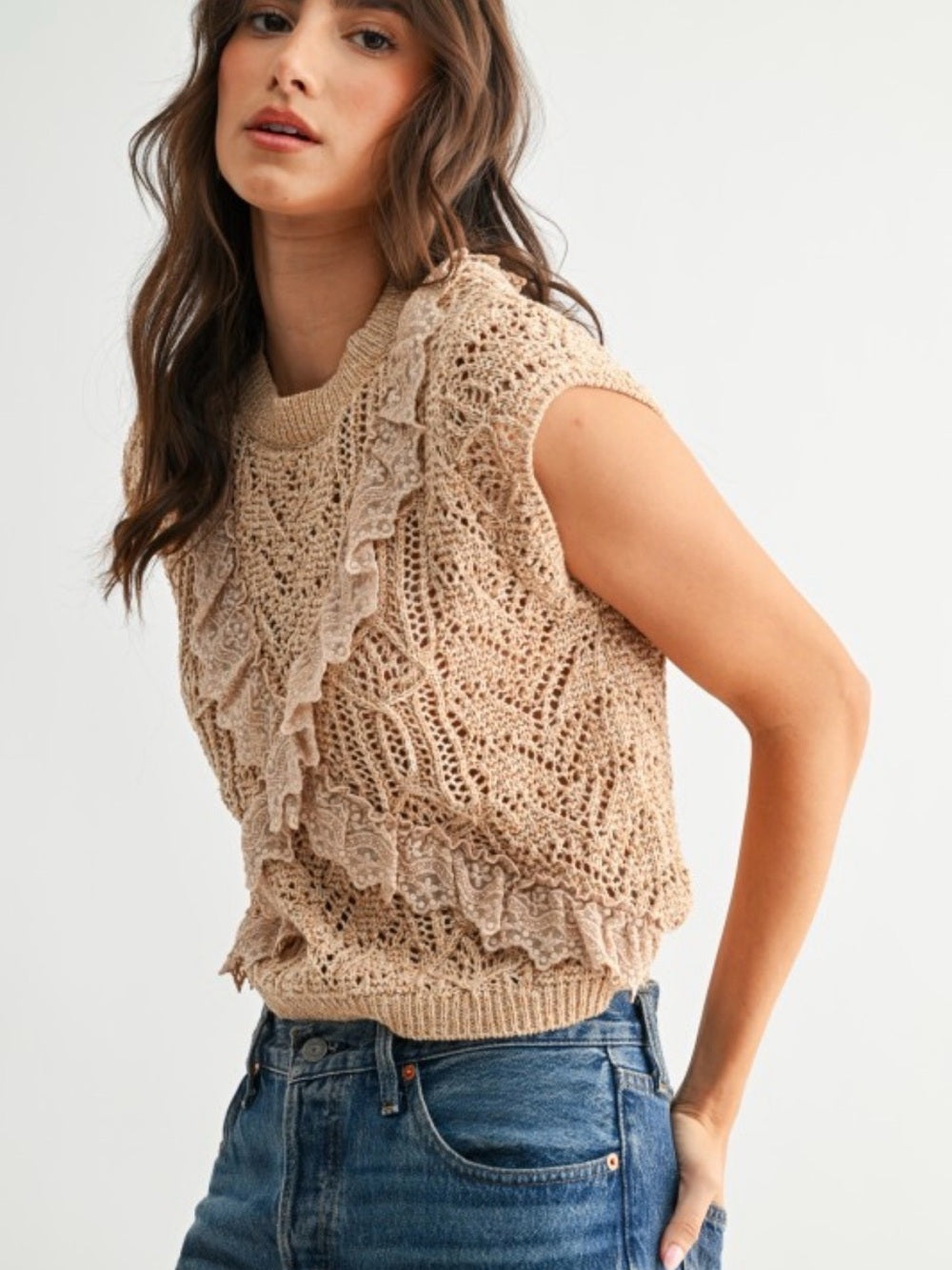 Acropolis Beige Crochet Ruffle Knit Shell Top