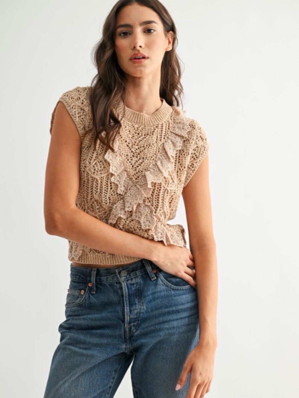 Acropolis Beige Crochet Ruffle Knit Shell Top