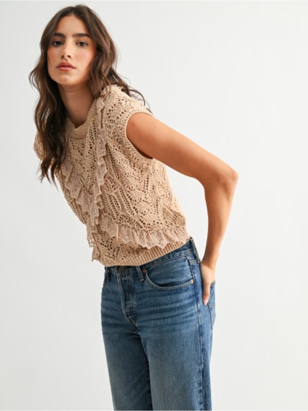 Acropolis Beige Crochet Ruffle Knit Shell Top