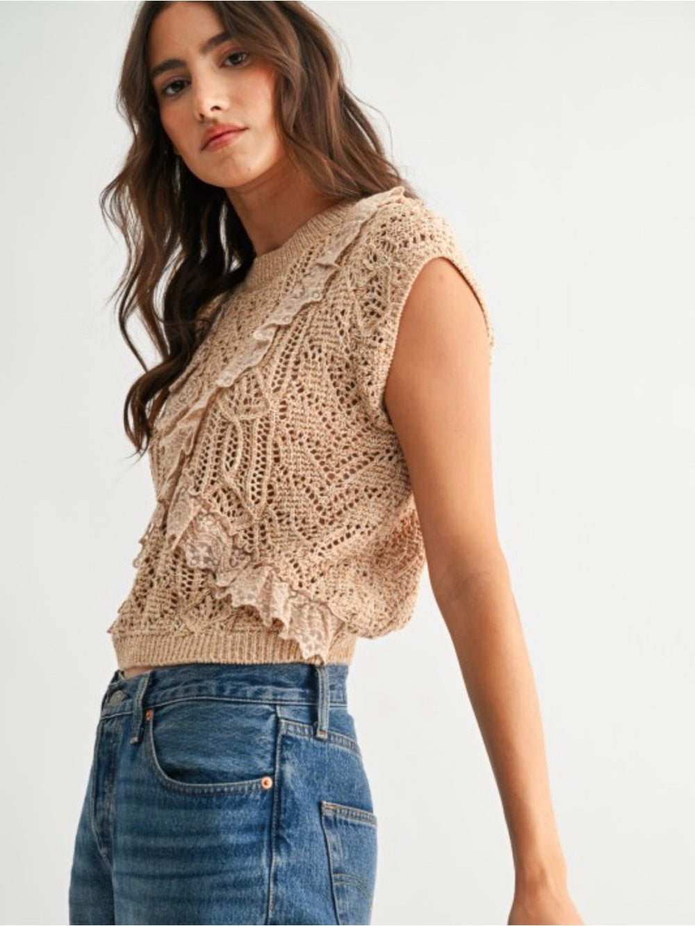 Acropolis Beige Crochet Ruffle Knit Shell Top