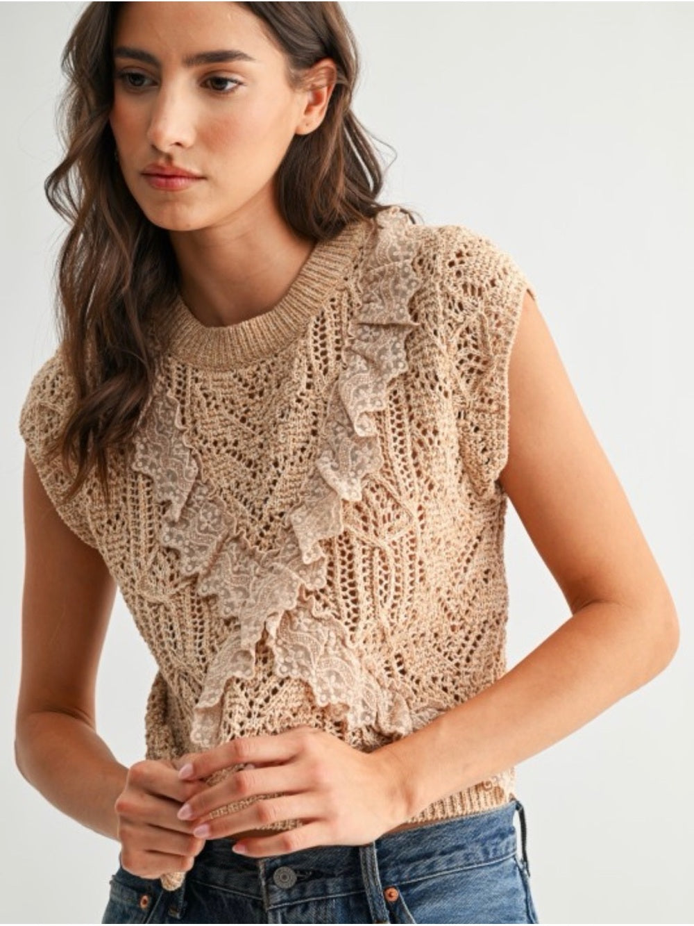 Acropolis Beige Crochet Ruffle Knit Shell Top