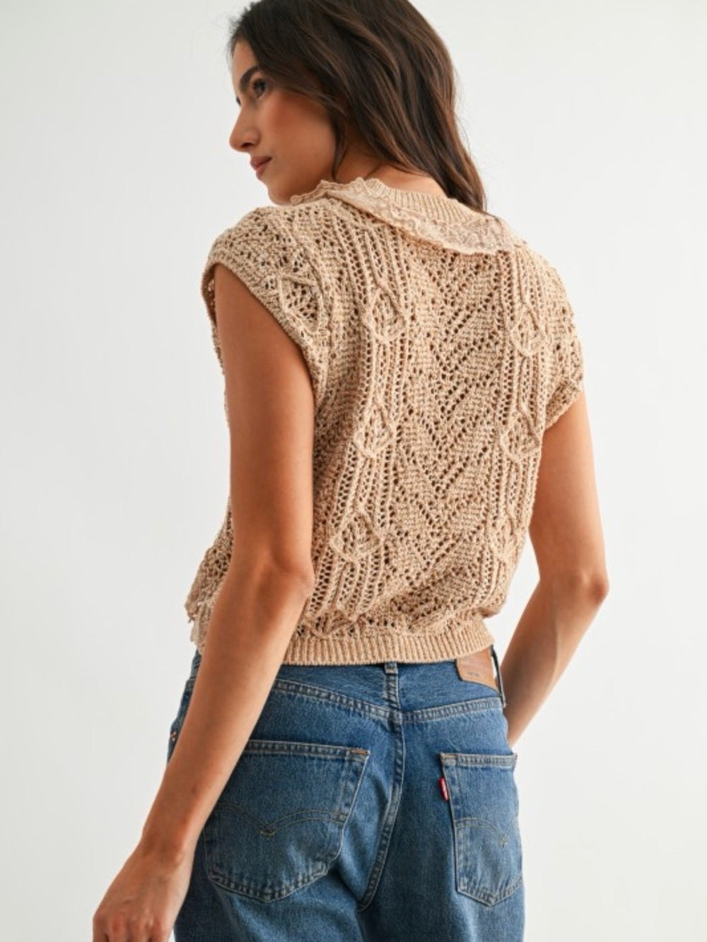 Acropolis Beige Crochet Ruffle Knit Shell Top