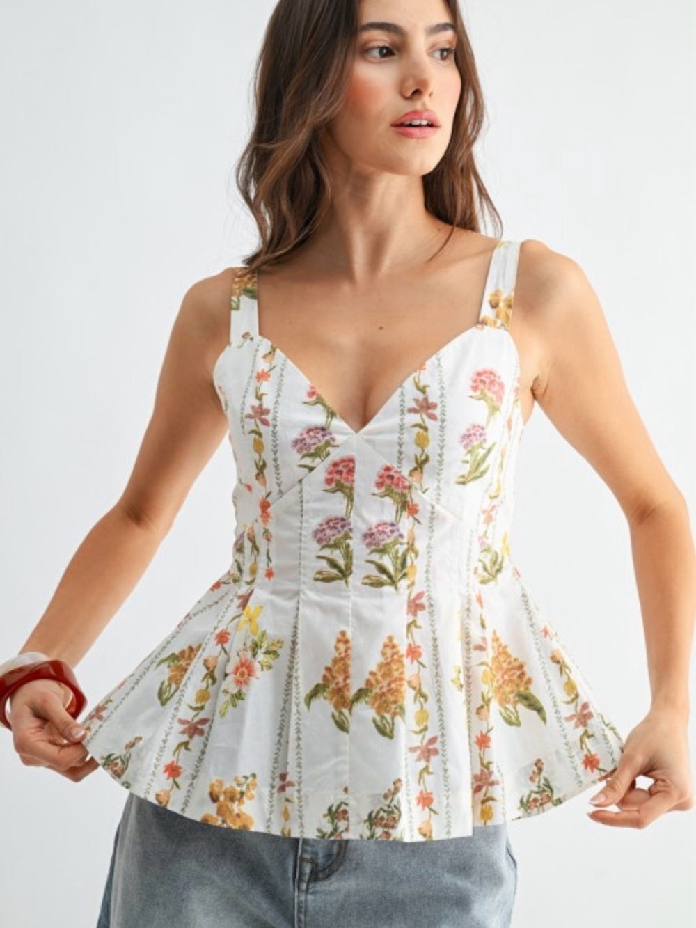 Hellenic Floral V-Neck Peplum Tank Top in White