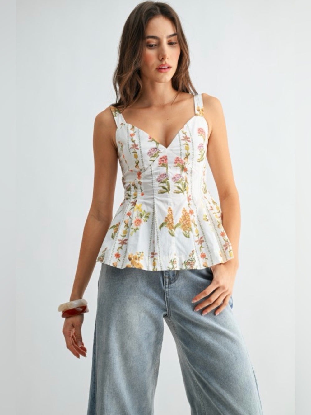 Hellenic Floral V-Neck Peplum Tank Top in White