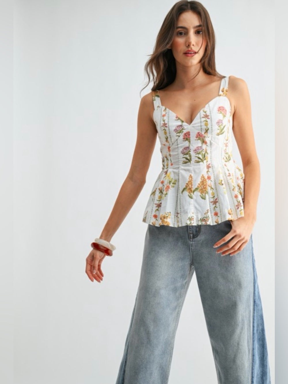 Hellenic Floral V-Neck Peplum Tank Top in White