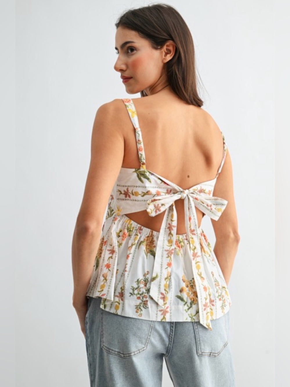 Hellenic Floral V-Neck Peplum Tank Top in White