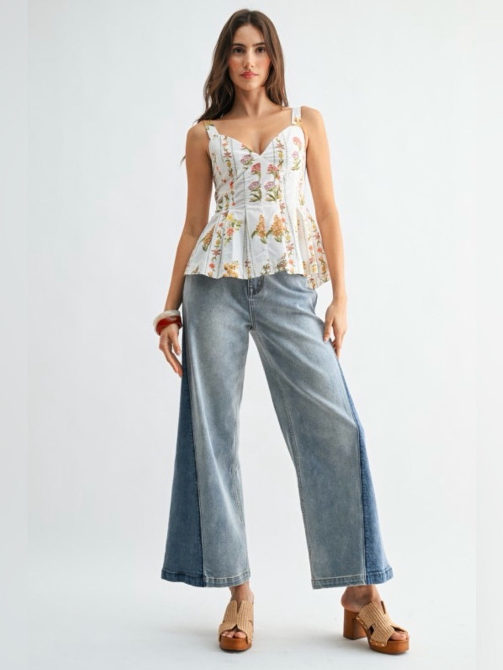 Hellenic Floral V-Neck Peplum Tank Top in White