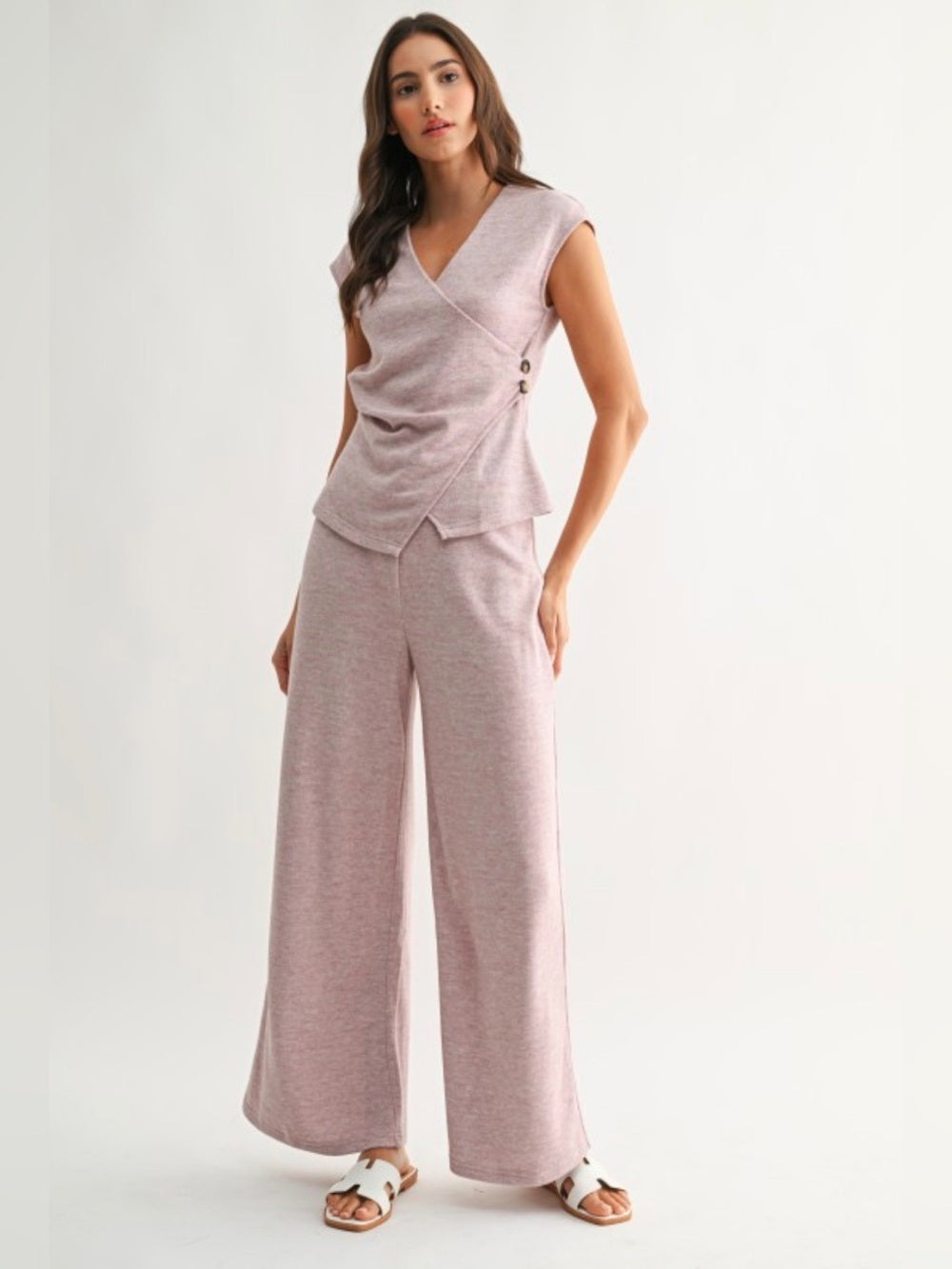 Timeless Sleeveless Wrap Knit Pant Set in Dusty Pink