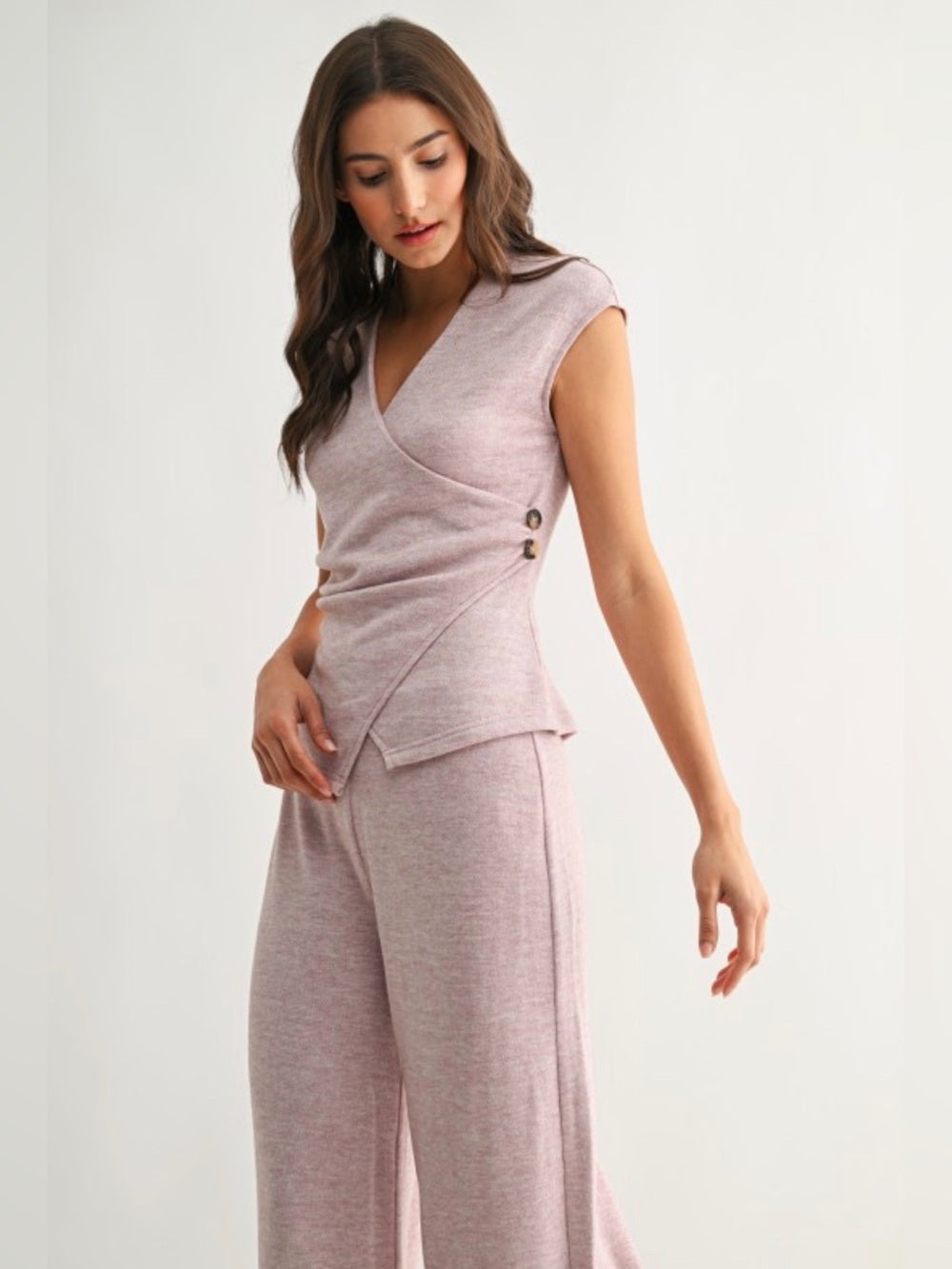 Timeless Sleeveless Wrap Knit Pant Set in Dusty Pink