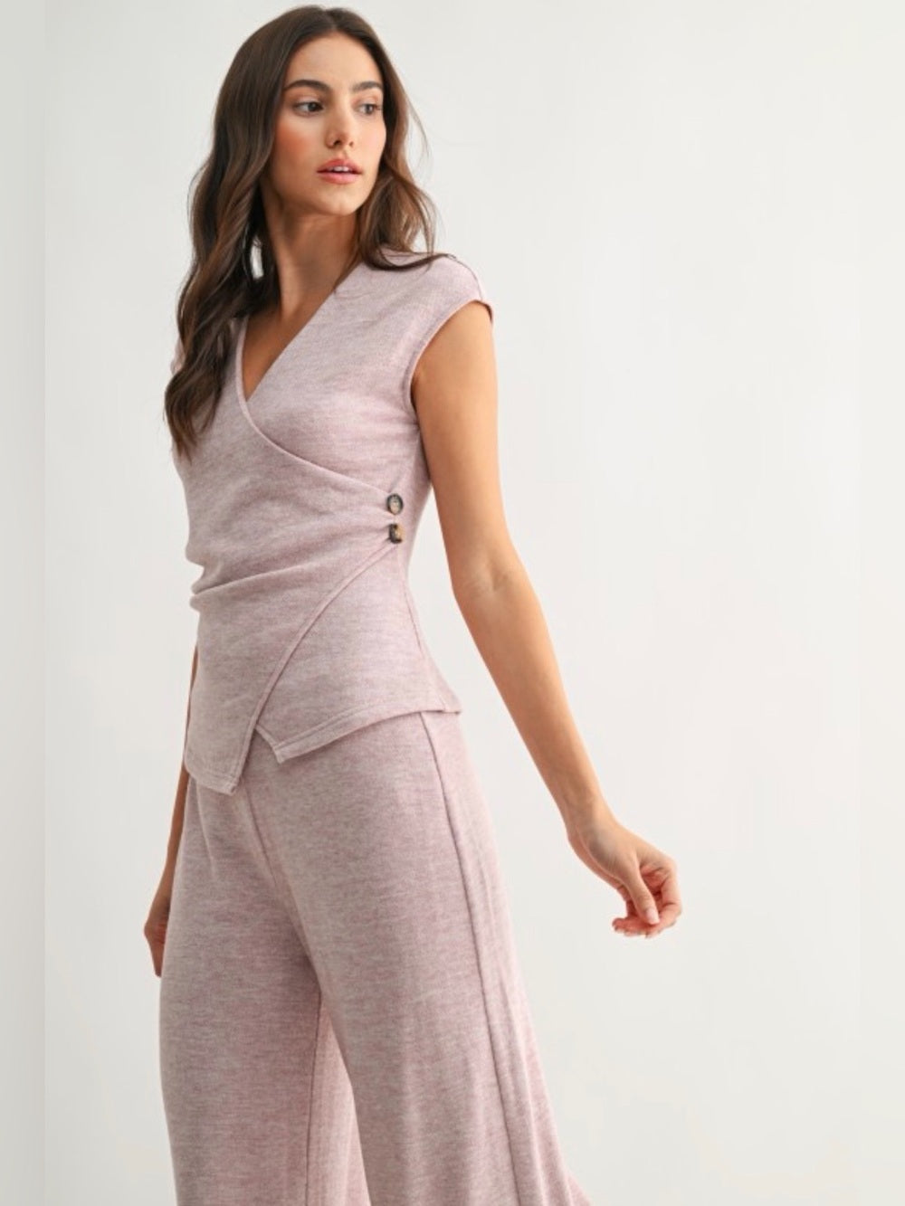 Timeless Sleeveless Wrap Knit Pant Set in Dusty Pink