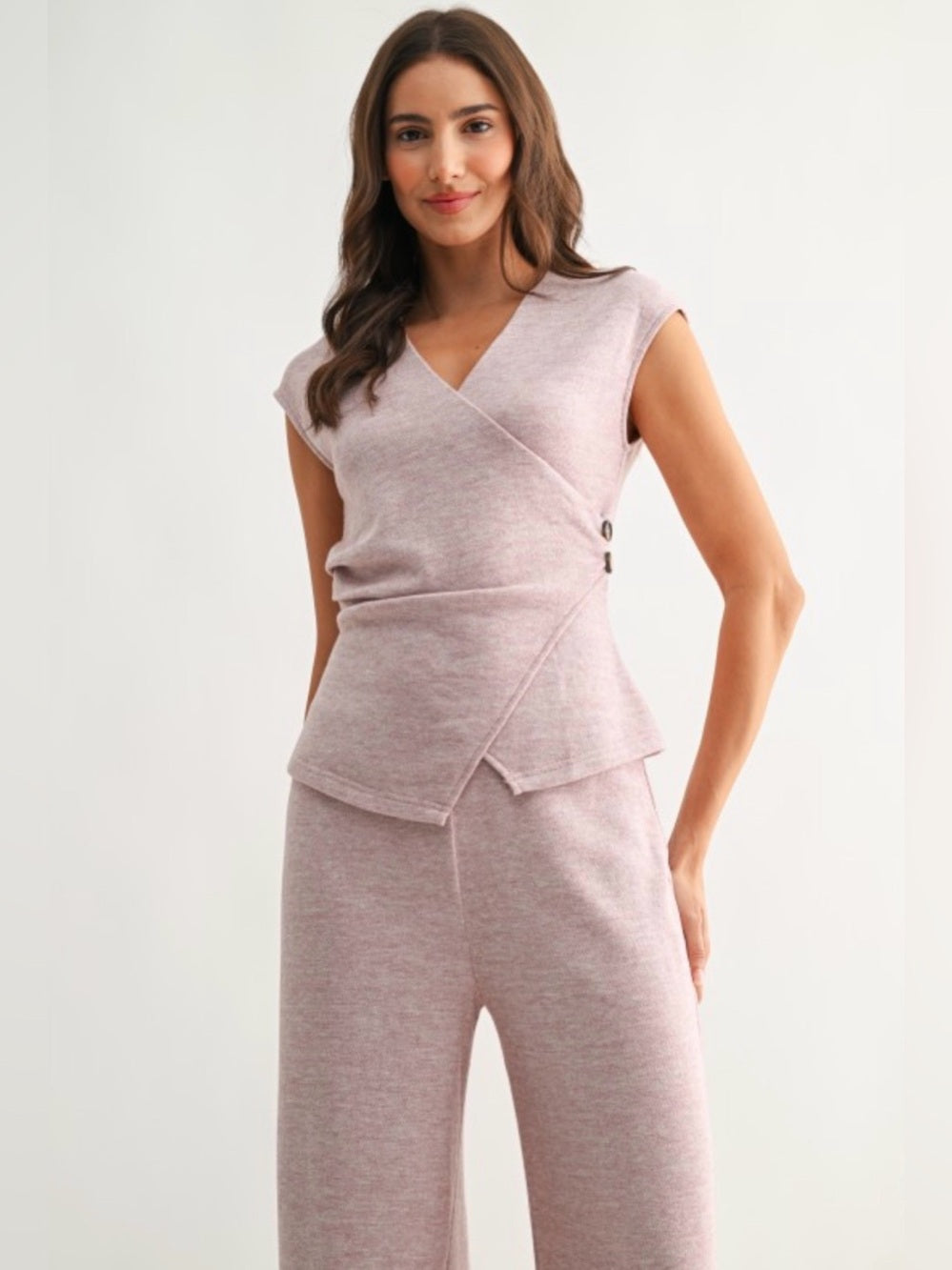 Timeless Sleeveless Wrap Knit Pant Set in Dusty Pink