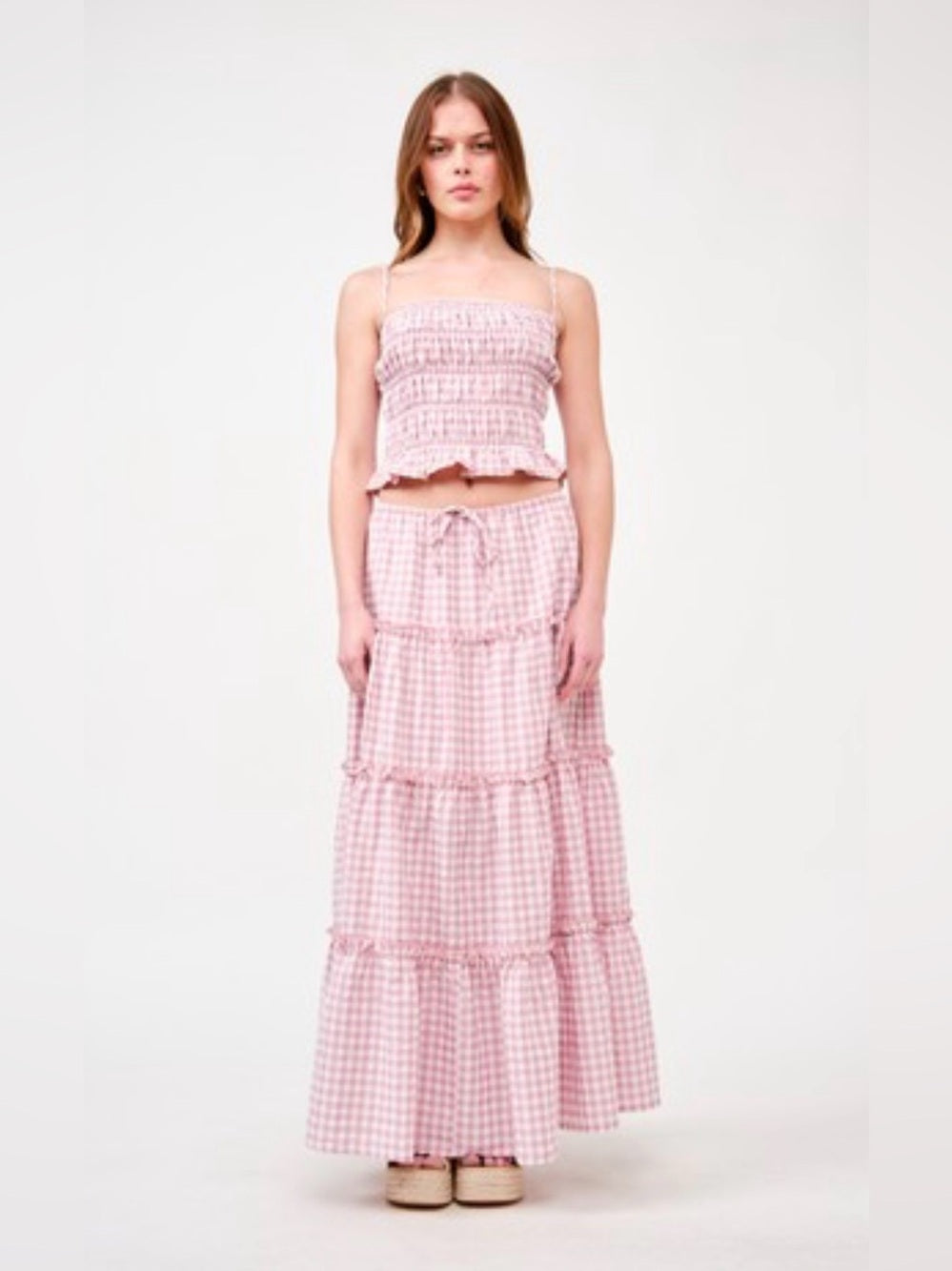 A676. Pink Gingham Tiered Maxi Skirt & Top Set