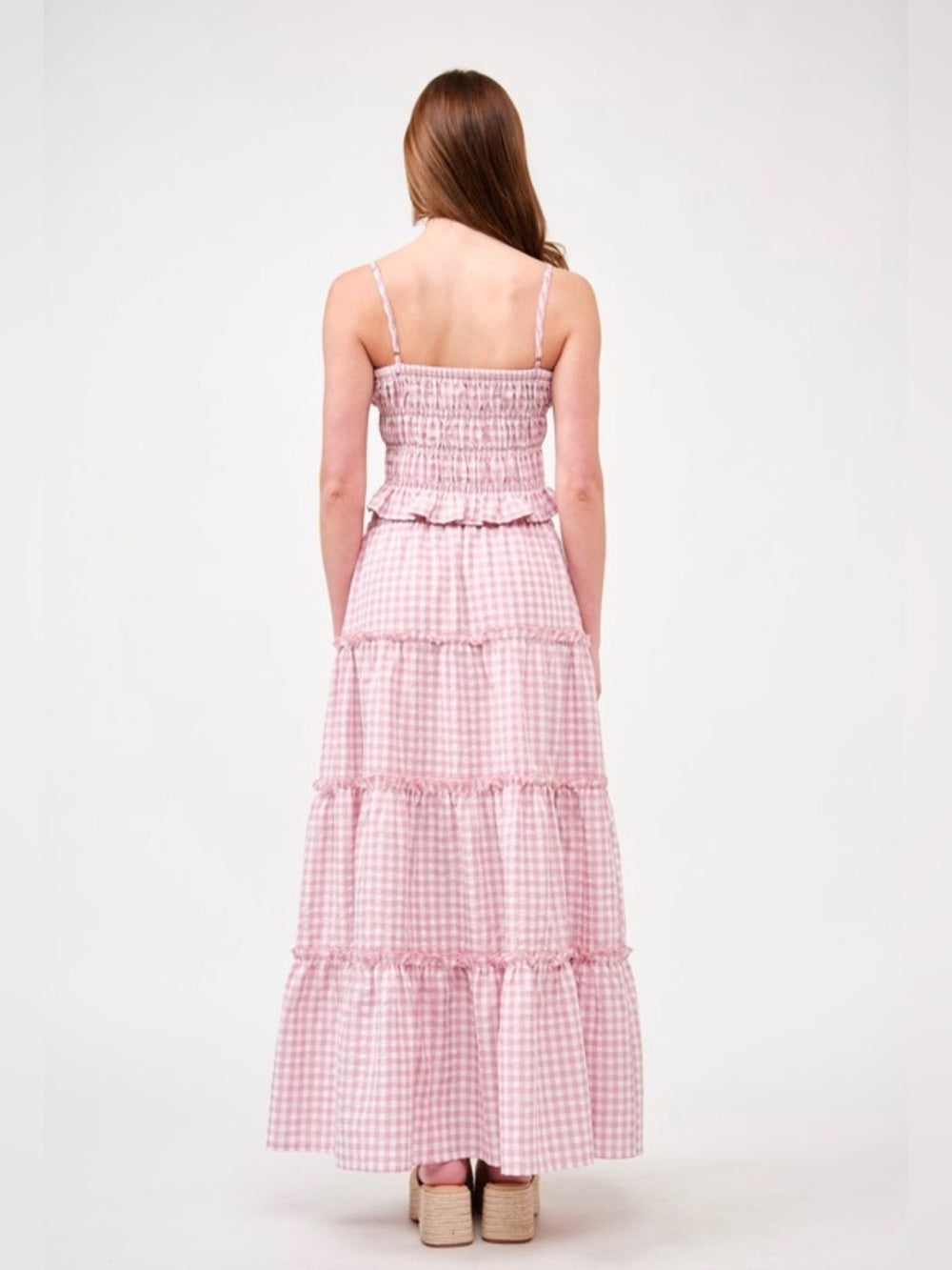 A676. Pink Gingham Tiered Maxi Skirt & Top Set