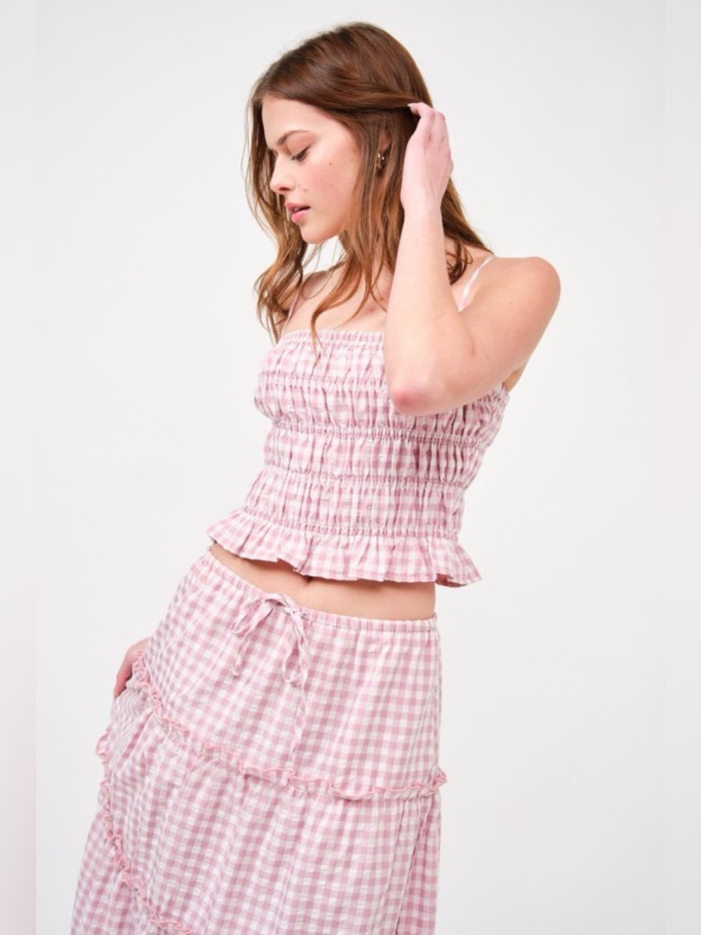 A676. Pink Gingham Tiered Maxi Skirt & Top Set