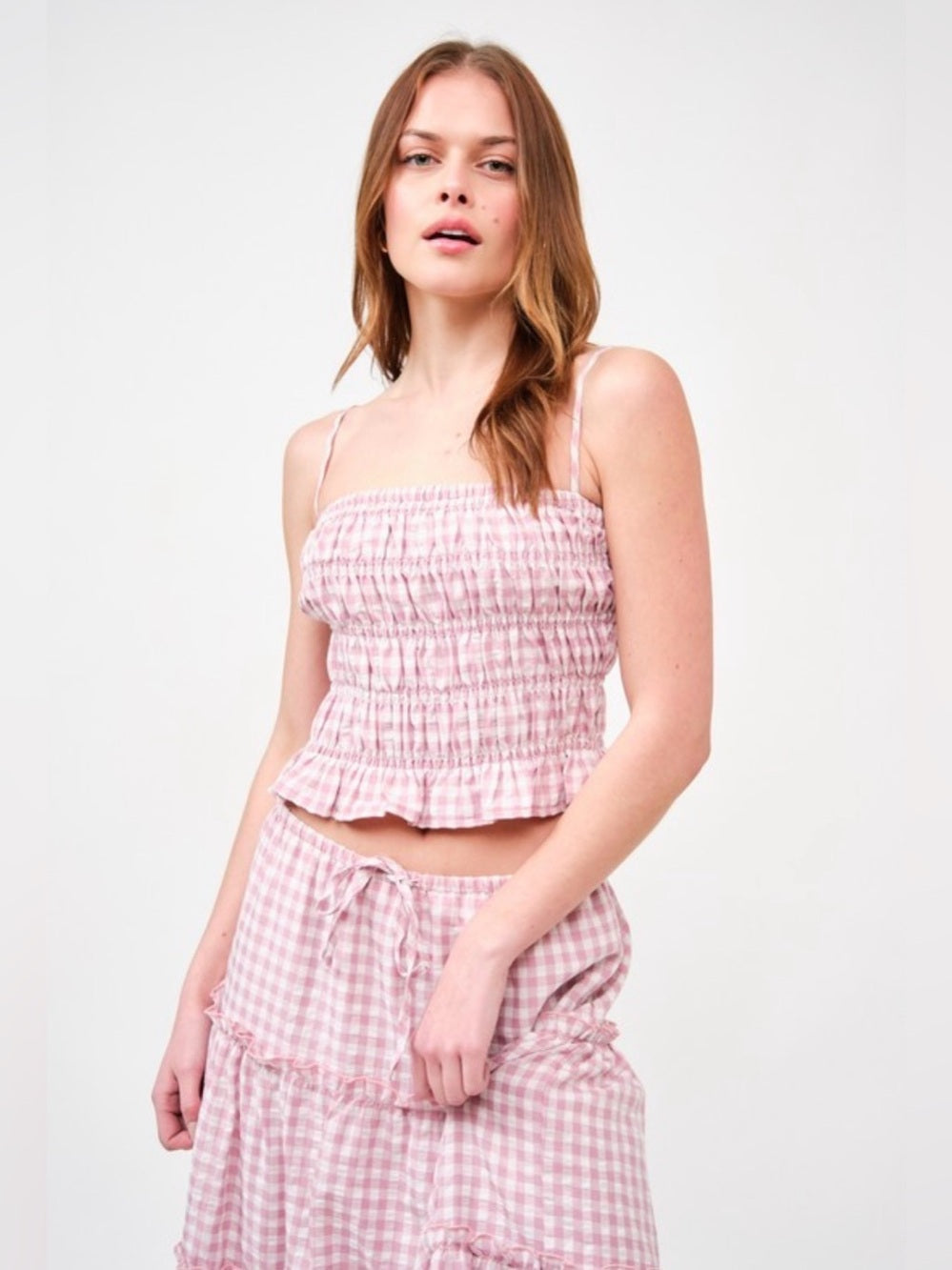 A676. Pink Gingham Tiered Maxi Skirt & Top Set
